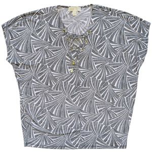 MICHAEL KORS Blouse Shirt Black White Lace Up V Neck Womens Large Dolman Sleeve